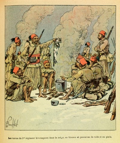 The Eastern Armee of Eugene Sergeant, kendt som Grenest, illustreret af Louis Bombled (1862-1927) (den fransk-tyske krig; kampagne 1870 -1871): Januar 1871, 1. regiments turcos bivuaenter i sneen, i bluser og bukser af lærred og bare feeswed av Louis Charles Bombled
