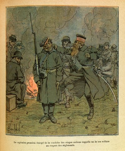 The Eastern Armee of Eugene Sergeant, känd som Grenest, illustrerad av Louis Bombled (1862-1927) (fransk-tyska kriget; kampanj 1870-1871): En preussisk kapten med ansvar för uppförandet av gisslan av Nuits Saint Georges påminner om en av hans soldater i c av Louis Charles Bombled