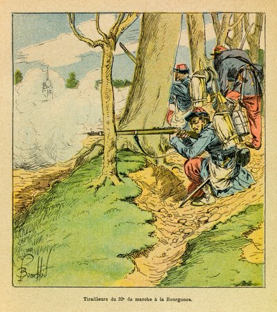 The Eastern Armee of Eugene Sergeant, känd som Grenest, illustrerad av Louis Bombled (1862-1927) (fransk-tyska kriget; kampanj 1870-1871): Under order av general Dupre, en skoare från den 32:a marschen i slaget vid La Bourgonce i oktober 1870, Priva av Louis Charles Bombled