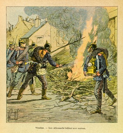 The Eastern Armee of Eugene Sergeant, känd som Grenest, illustrerad av Louis Bombled (1862-1927) (fransk-tyska kriget; kampanj 1870-1871): I Vezelise, efter att ha invaderat staden, bränner preussarna ett hus, privat samling av Louis Charles Bombled