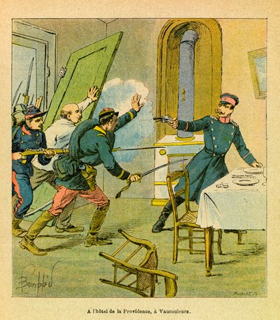 The Eastern Armee of Eugene Sergeant, känd som Grenest, illustrerad av Louis Bombled (1862-1927) (fransk-tyska kriget; kampanj 1870 -1871): En preussisk officer som togs till fånga av franska motiv i Vaucouleurs, privatsamling av Louis Charles Bombled