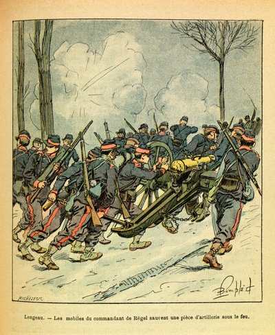 The Eastern Armee of Eugene Sergeant, känd som Grenest, illustrerad av Louis Bombled (1862-1927) (fransk-tyska kriget; kampanj 1870-1871): December 1870, under slaget vid Longeau, räddade motiven för befälhavaren för Regel en kanon under fiendegran av Louis Charles Bombled