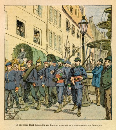 The Eastern Armee of Eugene Sergeant, känd som Grenest, illustrerad av Louis Bombled (1862-1927) (fransk-tyska kriget; kampanj 1870-1871): Kapten Huot går ner till Rue Battant i Besancon med preussiska fångar som fångades i Bethoncourt les Brotte i oktober av Louis Charles Bombled