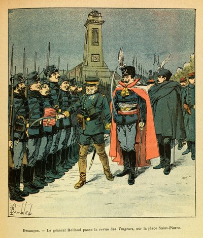 The Eastern Armee of Eugene Sergeant, känd som Grenest, illustrerad av Louis Bombled (1862-1927) (fransk-tyska kriget; kampanj 1870-1871): I Besancon granskar general Rolland företaget "Avengers" på uppdrag av Malicki, Private Collection av Louis Charles Bombled