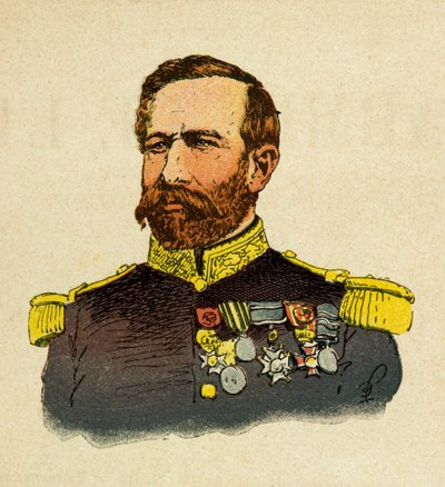 Eugene Sergeants östra armé, känd som Grenest, illustrerad av Louis Bombled (1862-1927) (fransk-tyska kriget; kampanjen 1870-1871): Porträtt av general Bourbaki (1816-1897), privat samling. av Louis Charles Bombled
