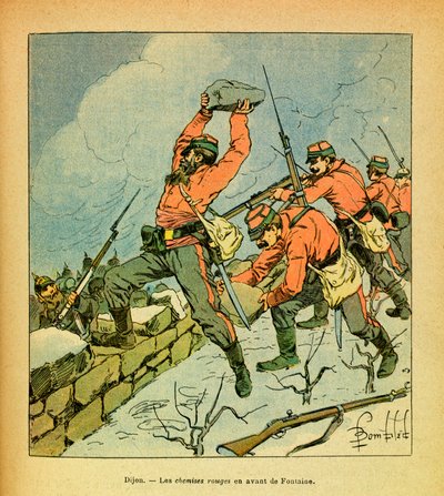 The Eastern Armee of Eugene Sergeant, känd som Grenest, illustrerad av Louis Bombled (1862-1927) (Frankisk-tyska kriget; kampanj 1870-1871): Garibaldis röda skjortor framför Fontaine under slagen vid Dijon i januari 1871, Privat samling av Louis Charles Bombled