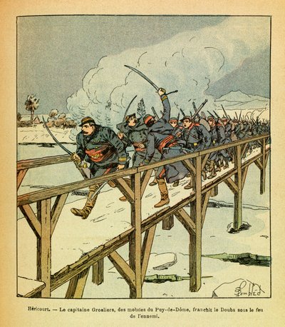 Eugene Sergeants östra armé, känd som Grenest, illustrerad av Louis Bombled (1862-1927) (fransk-tyska kriget; kampanjen 1870-1871): Januari 1871, Hericourt, kapten Grosliers och motiv för Puy de Dome korsar Doubs under fiendens beskjutning, Privat av Louis Charles Bombled