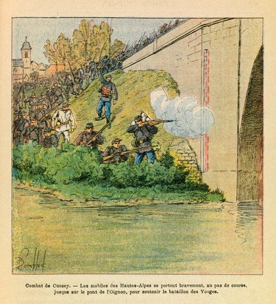 The Eastern Armee of Eugene Sergeant, känd som Grenest, illustrerad av Louis Bombled (1862-1927) (fransk-tyska kriget; kampanj 1870-1871): Les mobiles des Hautes Alpes ger en hand till bataljonen Vosges under striderna mot Cussey på Ognon (dou av Louis Charles Bombled