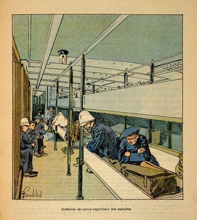 Kriget i Madagaskar-Anekdotisk historia om de franska expeditionerna 1885-1895 av Henri Galli dit Galllichet (1854-1922), illustrerad av Louis Bombled (1862-1927): Interiör av ett sjukhusfartyg som repatrierar sjuka soldater, privat samling av Louis Charles Bombled