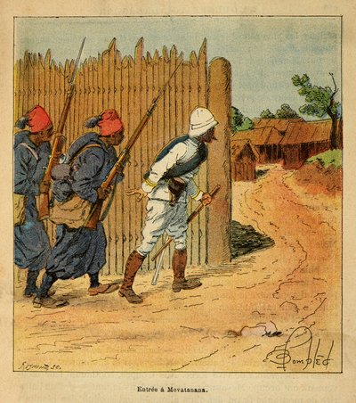 Kriget i Madagaskar-Anekdotisk historia om de franska expeditionerna 1885-1895 av Henri Galli dit Galllichet (1854-1922), illustrerad av Louis Bombled (1862-1927): Franska trupper gick in i byn Mevatanana 1895, privat samling av Louis Charles Bombled