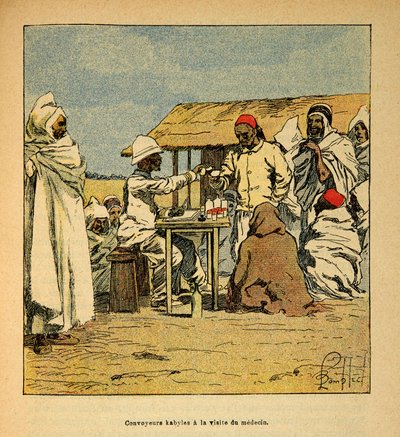 Kriget i Madagaskar-Anekdotisk historia om de franska expeditionerna 1885-1895 av Henri Galli dit Galllichet (1854-1922), illustrerad av Louis Bombled (1862-1927): Convoyeurs Kabiles ett besök av en militärläkare, Privat samling av Louis Charles Bombled