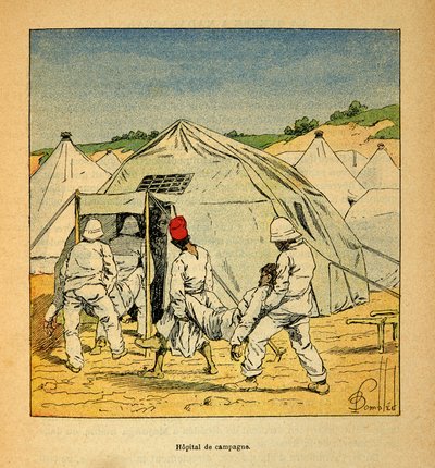 Kriget i Madagaskar-Anekdotisk historia om de franska expeditionerna 1885-1895 av Henri Galli dit Galllichet (1854-1922), illustrerad av Louis Bombled (1862-1927): Militärfältsjukhuset i Madagaskar 1895, privat samling av Louis Charles Bombled