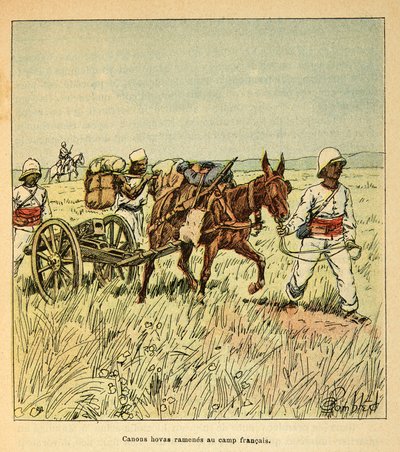 Kriget i Madagaskar-Anekdotisk historia om de franska expeditionerna 1885-1895 av Henri Galli dit Galllichet (1854-1922), illustrerad av Louis Bombled (1862-1927): Hovas-kanoner fördes tillbaka till det franska lägret, privat samling av Louis Charles Bombled