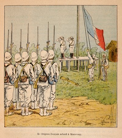 Kriget i Madagaskar-Anekdotisk historia om de franska expeditionerna 1885-1895 av Henri Galli dit Galllichet (1854-1922), illustrerad av Louis Bombled (1862-1927): Den franska flaggan svävar vid Marovoay 1895, privat samling av Louis Charles Bombled