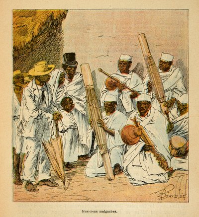 Kriget i Madagaskar-Anekdotisk historia om de franska expeditionerna 1885-1895 av Henri Galli dit Galllichet (1854-1922), illustrerad av Louis Bombled (1862-1927): Madagaskars musiker under 1800-talet, privat samling av Louis Charles Bombled