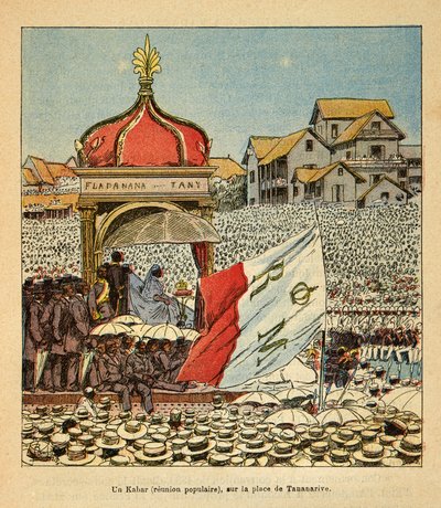 The War in Madagascar-Anecdotal History of the French Expeditions of 1885-1895 av Henri Galli dit Galllichet (1854-1922), illustrerad av Louis Bombled (1862-1927): A Kabar (populärt möte) på Tananarive Square på 1800-talet i närvaron av Qu av Louis Charles Bombled