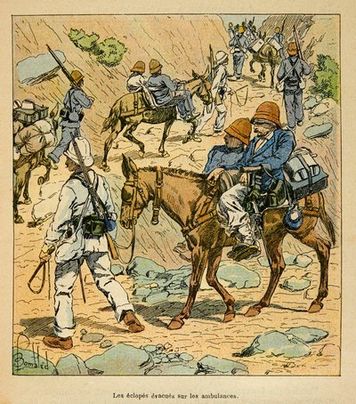 Kriget i Madagaskar-Anekdotisk historia om de franska expeditionerna 1885-1895 av Henri Galli dit Galllichet (1854-1922), illustrerad av Louis Bombled (1862-1927): Armflykternas ekloper på Fortune Ambulances in Madagaskar, Privat samling av Louis Charles Bombled