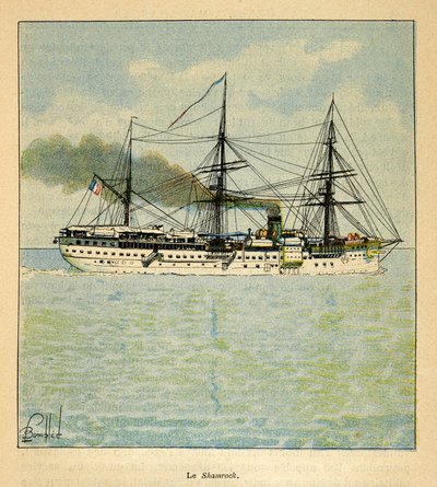 The War in Madagascar-Anecdotal History of the French Expeditions of 1885-1895 av Henri Galli dit Galllichet (1854-1922), illustrerad av Louis Bombled (1862-1927): Sjukhusfartyget "Shamrock" på väg till Madagaskar, privat samling av Louis Charles Bombled