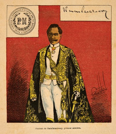 Kriget i Madagaskar-Anekdotisk historia om de franska expeditionerna 1885-1895 av Henri Galli dit Galllichet (1854-1922), illustrerad av Louis Bombled (1862-1927): Porträtt av premiärminister Rainilaiarivony (1828-1896), privat samling av Louis Charles Bombled