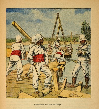 The War in Madagascar-Anecdotal History of the French Expeditions of 1885-1895 av Henri Galli dit Galllichet (1854-1922), illustrerad av Louis Bombled (1862-1927): Konstruktion av en bro av ande på Ikopa-floden 1895, Privat samling av Louis Charles Bombled