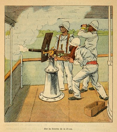 The War in Madagascar-Anekdotisk historia om de franska expeditionerna 1885-1895 av Henri Galli dit Galllichet (1854-1922), illustrerad av Louis Bombled (1862-1927): Kanonskott på Hovas ombord på kanoniern "" La Brave "" år 1895, Privat samling av Louis Charles Bombled
