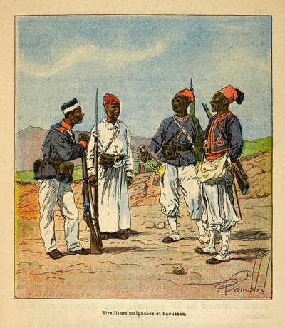Kriget i Madagaskar - en anekdotisk historia om de franska expeditionerna 1885-1895 av Henri Galli dit Galllichet (1854-1922), illustrerad av Louis Bombled (1862-1927): Tirailleurs från Madagaskar och Haoussas, privat samling. av Louis Charles Bombled