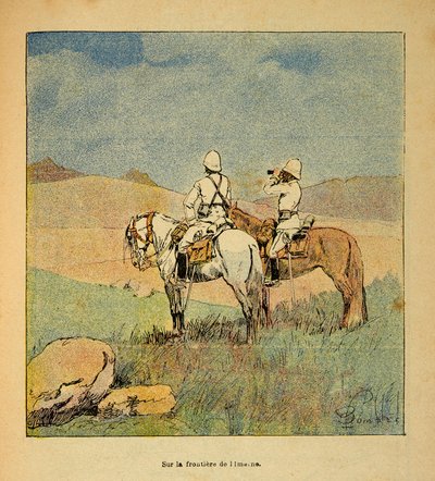 Kriget i Madagaskar-Anekdotisk historia om de franska expeditionerna 1885-1895 av Henri Galli dit Galllichet (1854-1922), illustrerad av Louis Bombled (1862-1927): Militär i spaning på gränsen mellan Imerne och Madagaskar 1895, menig Samling av Louis Charles Bombled