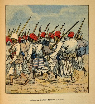 Kriget i Madagaskar-Anekdotisk historia om de franska expeditionerna 1885-1895 av Henri Galli dit Galllichet (1854-1922), illustrerad av Louis Bombled (1862-1927): Kolumn av Haoussas Tirailleurs marsch 1895, privat samling av Louis Charles Bombled