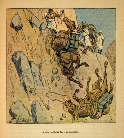 Kriget i Madagaskar-Anekdotisk historia om de franska expeditionerna 1885-1895 av Henri Galli dit Galllichet (1854-1922), illustrerad av Louis Bombled (1862-1927): Mulets av en militärkonvoj som faller i ett stup, särskild samling av Louis Charles Bombled