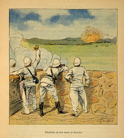 Kriget i Madagaskar-Anekdotisk historia om de franska expeditionerna 1885-1895 av Henri Galli dit Galllichet (1854-1922), illustrerad av Louis Bombled (1862-1927): Explosionen av Fort Hova i Farafate 1895, privat samling av Louis Charles Bombled