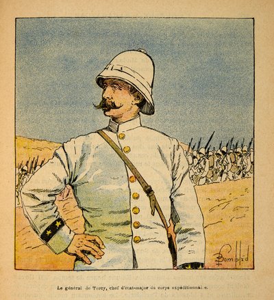 Kriget i Madagaskar-Anekdotisk historia om de franska expeditionerna 1885-1895 av Henri Galli dit Galllichet (1854-1922), illustrerad av Louis Bombled (1862-1927): Porträtt av general De Torcy (1844-1918), stabschef av expeditionsstyrkan i Madag av Louis Charles Bombled