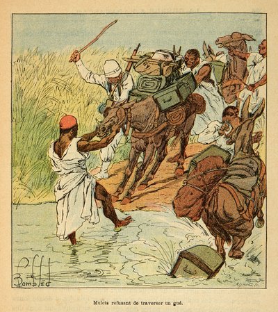 Kriget i Madagaskar-Anekdotisk historia om de franska expeditionerna 1885-1895 av Henri Galli dit Galllichet (1854-1922), illustrerad av Louis Bombled (1862-1927): Mulets vägrade att korsa en gue under den franska expeditionen till Madagaskar 1895 , privat av Louis Charles Bombled