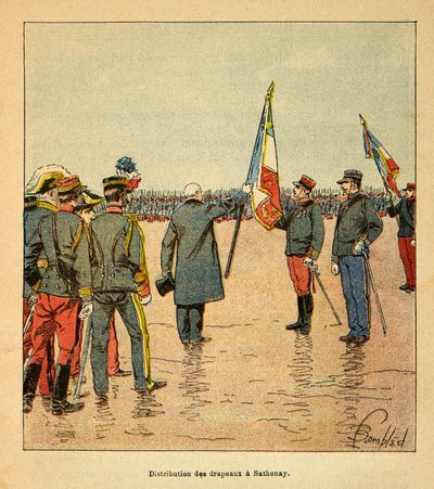Kriget i Madagaskar-Anekdotisk historia om de franska expeditionerna 1885-1895 av Henri Galli dit Galllichet (1854-1922), illustrerad av Louis Bombled (1862-1927): Utdelning av flaggor i Sathonay till trupperna som avgick till Madagaskar 1895 pres av Louis Charles Bombled