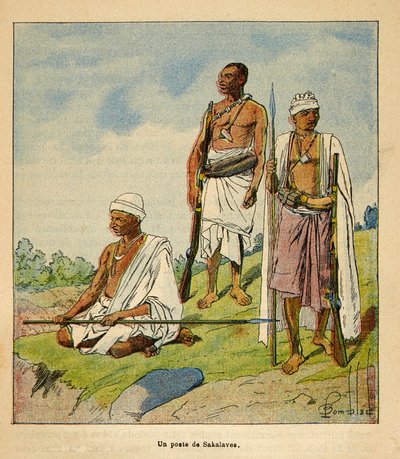 Kriget i Madagaskar-Anekdotisk historia om de franska expeditionerna 1885-1895 av Henri Galli dit Galllichet (1854-1922), illustrerad av Louis Bombled (1862-1927): Krigare Sakalavas, privat samling av Louis Charles Bombled