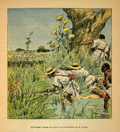 Kriget i Madagaskar - en anekdotisk historia om de franska expeditionerna 1885-1895 av Henri Galli dit Galllichet (1854-1922), illustrerad av Louis Bombled (1862-1927): Hovas Tirailleurs attackerar militärer som bygger en väg 1895, privat samling. av Louis Charles Bombled