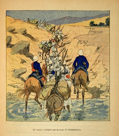 Kriget i Madagaskar-Anekdotisk historia om de franska expeditionerna 1885-1895 av Henri Galli dit Galllichet (1854-1922), illustrerad av Louis Bombled (1862-1927): en militärkonvoj på vägen till Suberbieville 1895, privat samling av Louis Charles Bombled