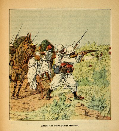 Kriget i Madagaskar-Anekdotisk historia om de franska expeditionerna 1885-1895 av Henri Galli dit Galllichet (1854-1922), illustrerad av Louis Bombled (1862-1927): Attack av en militärkonvoj av Fahavolos, privat samling av Louis Charles Bombled