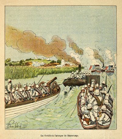 Kriget i Madagaskar-Anekdotisk historia om de franska expeditionerna 1885-1895 av Henri Galli dit Galllichet (1854-1922), illustrerad av Louis Bombled (1862-1927): Marineinfanteriet attackerade staden Marovoay 1895, privat samling av Louis Charles Bombled