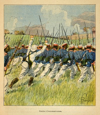 Kriget i Madagaskar-Anekdotisk historia om de franska expeditionerna 1885-1895 av Henri Galli dit Galllichet (1854-1922), illustrerad av Louis Bombled (1862-1927): Franska trupper under Antanamitarana-striderna 1895, Privat samling av Louis Charles Bombled