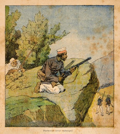 Kriget i Madagaskar-Anekdotisk historia om de franska expeditionerna 1885-1895 av Henri Galli dit Galllichet (1854-1922), illustrerad av Louis Bombled (1862-1927): Hovas bakhåll, privat samling av Louis Charles Bombled