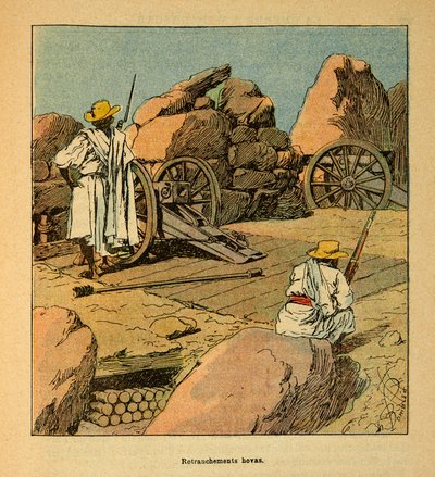 Kriget i Madagaskar-Anekdotisk historia om de franska expeditionerna 1885-1895 av Henri Galli dit Galllichet (1854-1922), illustrerad av Louis Bombled (1862-1927): Nedsägning av Hovas trupper 1895 i Tananarive, privat samling av Louis Charles Bombled