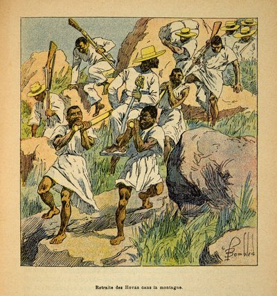 Kriget i Madagaskar-Anekdotisk historia om de franska expeditionerna 1885-1895 av Henri Galli dit Galllichet (1854-1922), illustrerad av Louis Bombled (1862-1927): Hovas-truppernas reträtt i bergen, privat samling av Louis Charles Bombled
