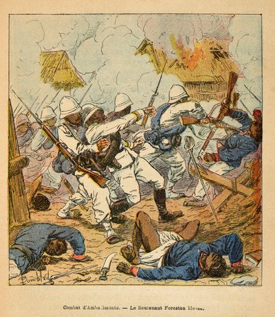 Kriget i Madagaskar-Anekdotisk historia om de franska expeditionerna 1885-1895 av Henri Galli dit Galllichet (1854-1922), illustrerad av Louis Bombled (1862-1927): Löjtnant Foreston sår under striderna vid Ambolomonty 1895, privat samling av Louis Charles Bombled