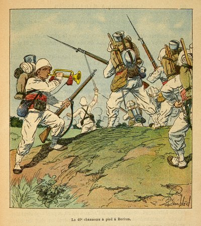 Kriget i Madagaskar-Anekdotisk historia om de franska expeditionerna 1885-1895 av Henri Galli dit Galllichet (1854-1922), illustrerad av Louis Bombled (1862-1927): De 40:e jägarna till fots under striderna i Beritza 1895, privat Samling av Louis Charles Bombled