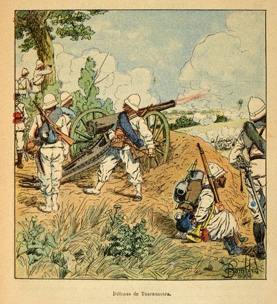 Kriget i Madagaskar-Anekdotisk historia om de franska expeditionerna 1885-1895 av Henri Galli dit Galllichet (1854-1922), illustrerad av Louis Bombled (1862-1927): Tsarasaotras försvar 1895, privat samling av Louis Charles Bombled