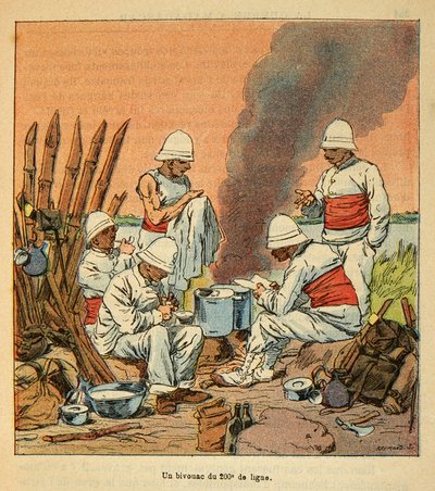 The War in Madagascar-Anecdotal History of the French Expeditions of 1885-1895 av Henri Galli dit Galllichet (1854-1922), illustrerad av Louis Bombled (1862-1927): En bivack av den 200:e linjen i Madagaskar 1895, Privat samling av Louis Charles Bombled