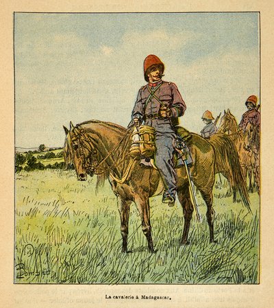 Kriget i Madagaskar-Anekdotisk historia om de franska expeditionerna 1885-1895 av Henri Galli dit Galllichet (1854-1922), illustrerad av Louis Bombled (1862-1927): La cavalerie francaise à Madagascar, Collection Partial av Louis Charles Bombled