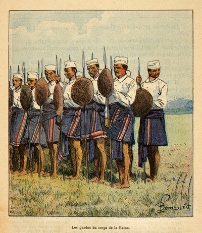 Kriget i Madagaskar-Anekdotisk historia om de franska expeditionerna 1885-1895 av Henri Galli dit Galllichet (1854-1922), illustrerad av Louis Bombled (1862-1927): Guards of the Queen Ranavalona, Privat samling av Louis Charles Bombled