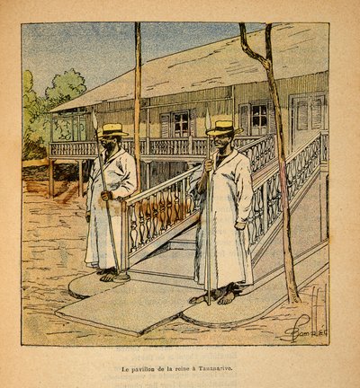Kriget i Madagaskar-Anekdotisk historia om de franska expeditionerna 1885-1895 av Henri Galli dit Galllichet (1854-1922), illustrerad av Louis Bombled (1862-1927): Drottning Ranavalonas paviljong i Tananarive 1895, privat samling av Louis Charles Bombled