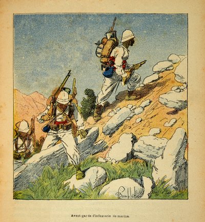 Kriget i Madagaskar-Anekdotisk historia om de franska expeditionerna 1885-1895 av Henri Galli dit Galllichet (1854-1922), illustrerad av Louis Bombled (1862-1927): Infanteriets avantgarde i Madagaskar 1895, privat samling av Louis Charles Bombled
